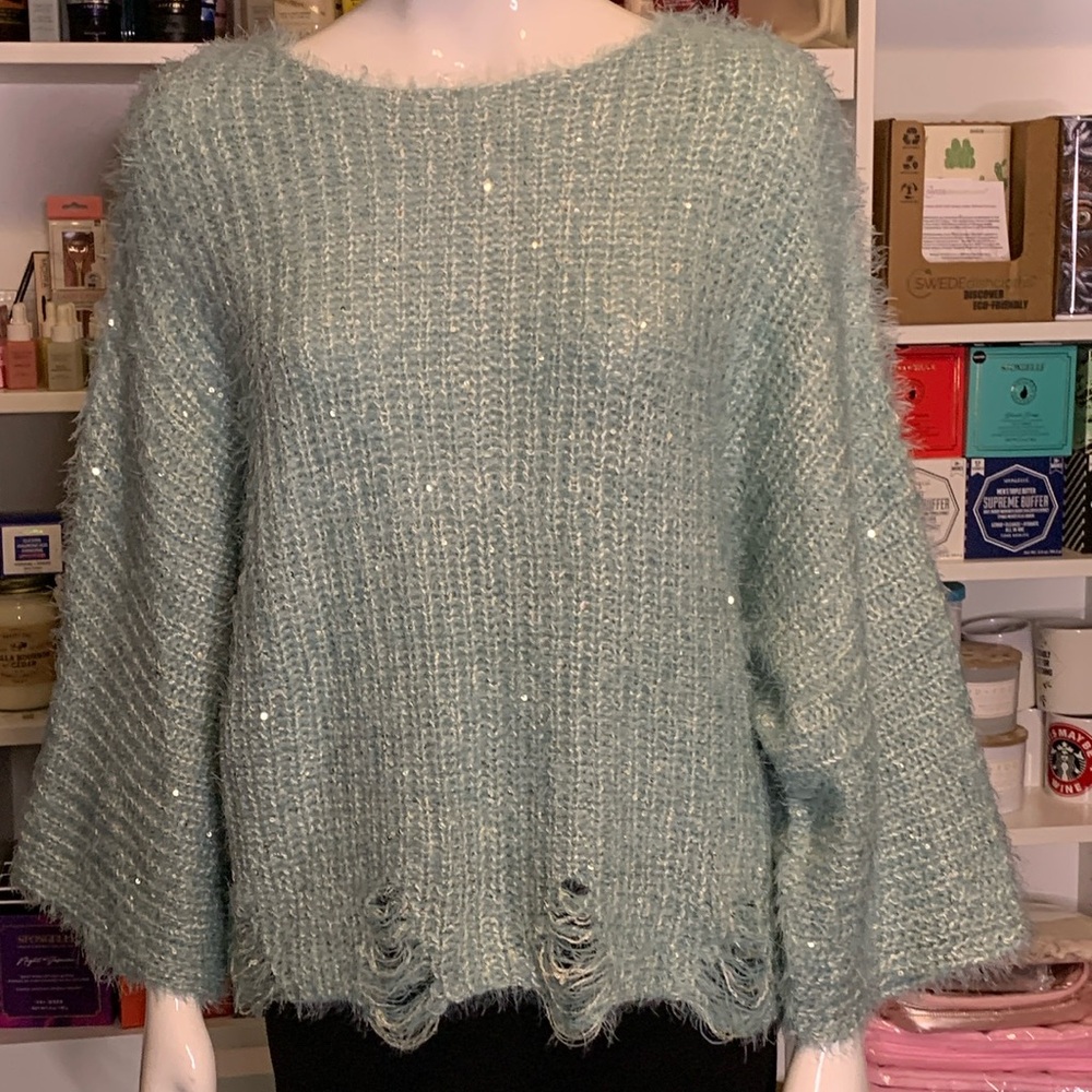 Davi & Dani Sparkle Distress Bell Sleeve Sweater